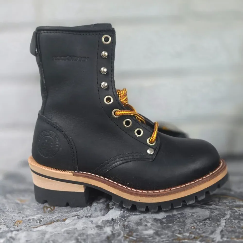 Rockwood 8071 Vintage Black Leather Logger Work Boots Made in Korea Youth Size 2